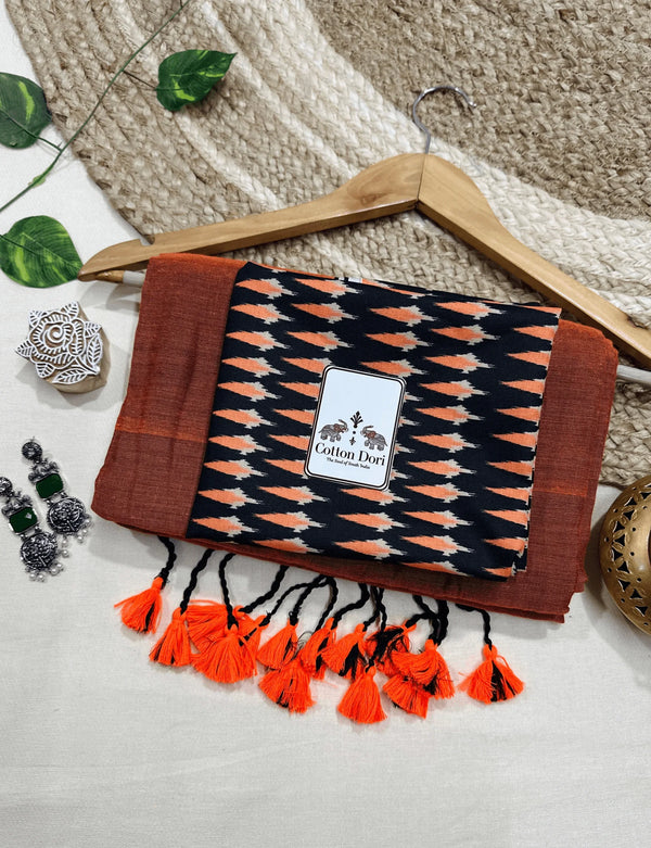 Premium Handloom Cotton Saree - Georgeous orange handloom cotton saree with black printed blouse - Cotton Dori