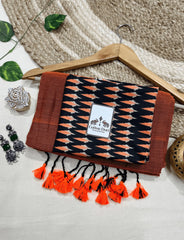 Premium Handloom Cotton Saree - Georgeous orange handloom cotton saree with black printed blouse - Cotton Dori