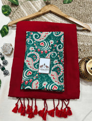 Premium Handloom Cotton Saree - Berry red cotton handloom saree with green printed blouse - Cotton Dori