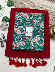 Premium Handloom Cotton Saree - Berry red cotton handloom saree with green printed blouse - Cotton Dori