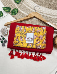 Premium Handloom Cotton Saree - Cherry red cotton handloom saree with beautiful printed blouse - Cotton Dori