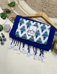 Premium Handloom Cotton Saree - Rich Royal Blue cotton saree with white printed blouse - Cotton Dori