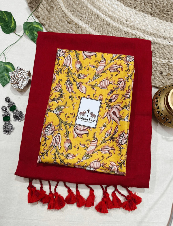 Premium Handloom Cotton Saree - Cherry red cotton handloom saree with beautiful printed blouse - Cotton Dori