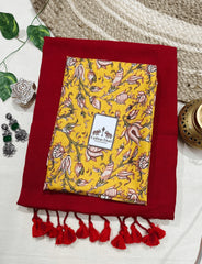 Premium Handloom Cotton Saree - Cherry red cotton handloom saree with beautiful printed blouse - Cotton Dori