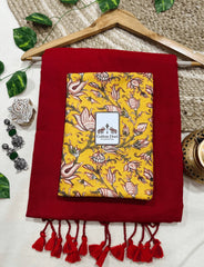 Premium Handloom Cotton Saree - Cherry red cotton handloom saree with beautiful printed blouse - Cotton Dori