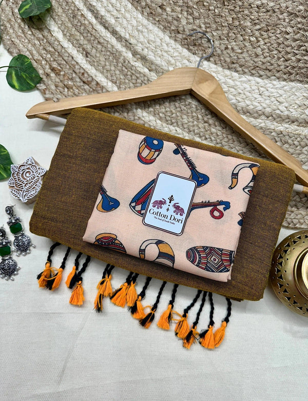 Bronze cotton handloom saree with traditional printed blouse - Cotton Dori