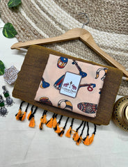 Bronze cotton handloom saree with traditional printed blouse - Cotton Dori