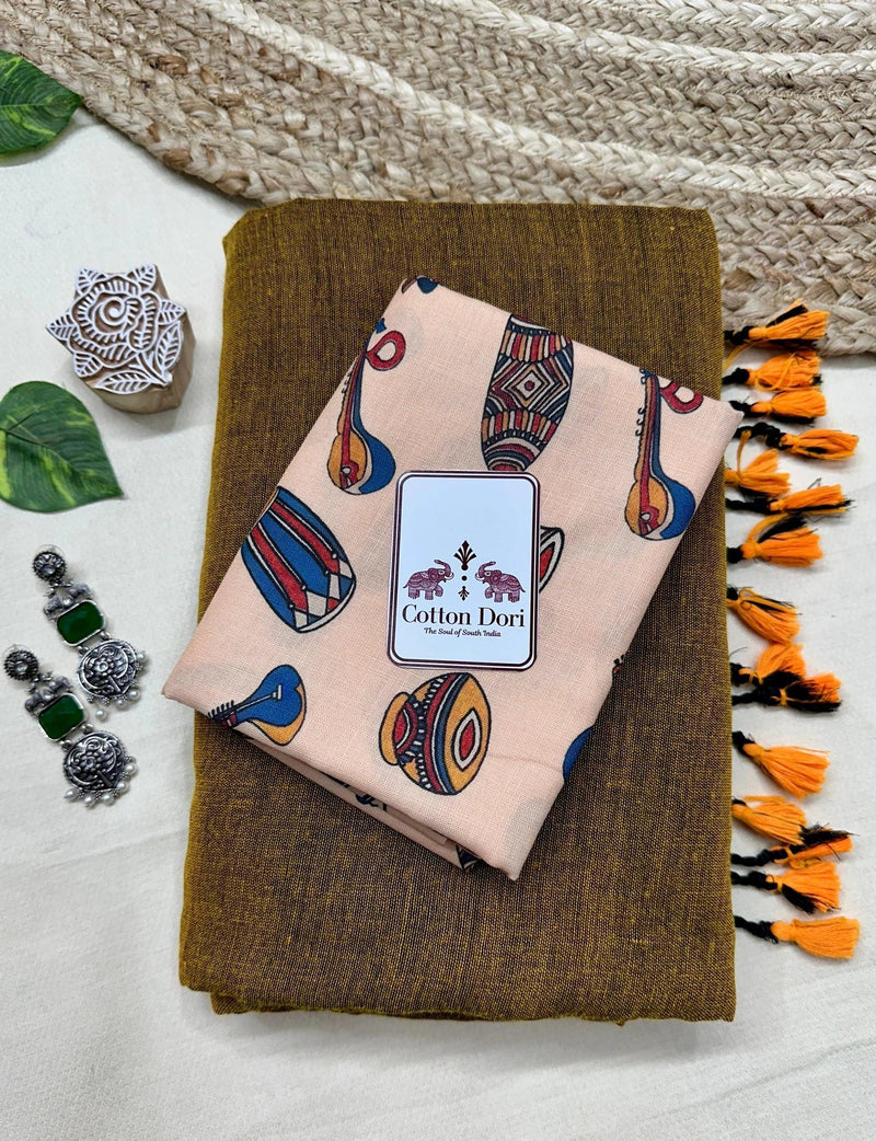 Bronze cotton handloom saree with traditional printed blouse - Cotton Dori
