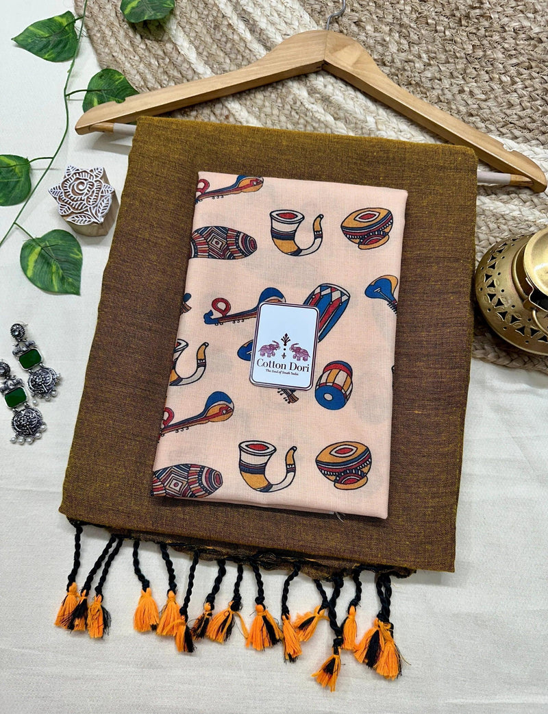 Bronze cotton handloom saree with traditional printed blouse