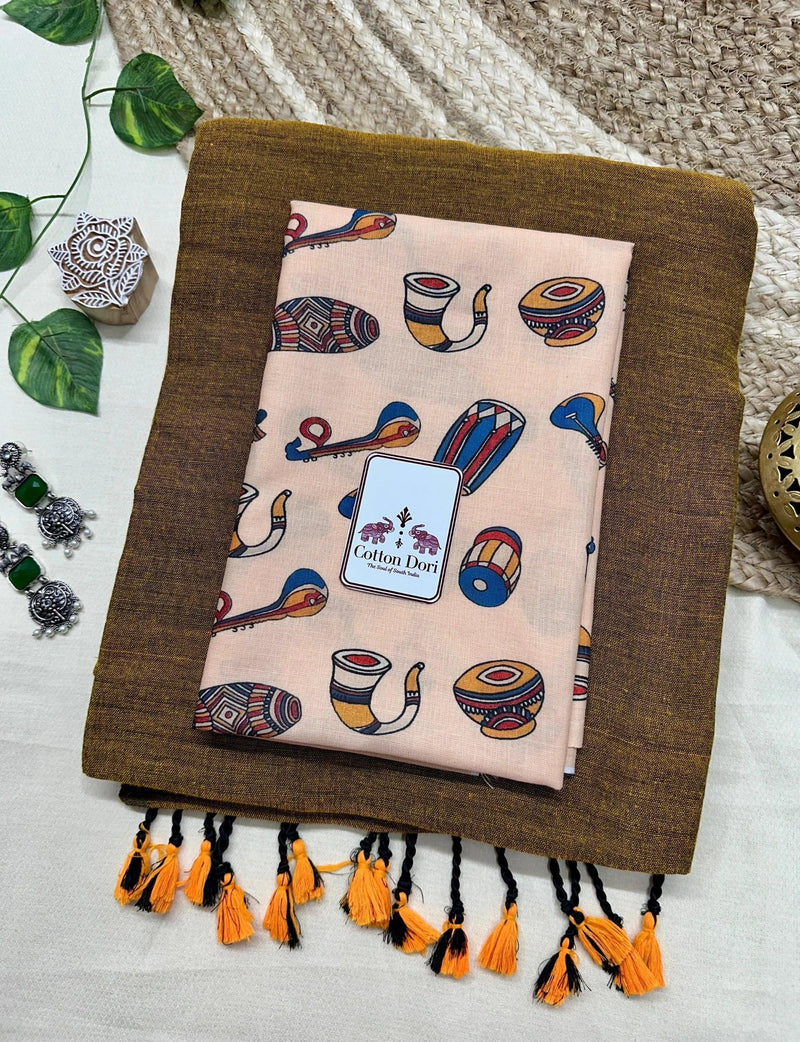 Bronze cotton handloom saree with traditional printed blouse - Cotton Dori