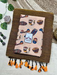 Bronze cotton handloom saree with traditional printed blouse - Cotton Dori