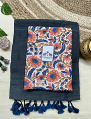 Pure cotton handloom grey saree with flower printed blouse - Cotton Dori