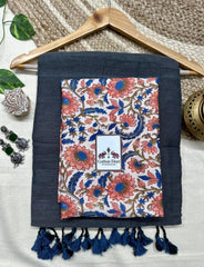 Pure cotton handloom grey saree with flower printed blouse - Cotton Dori