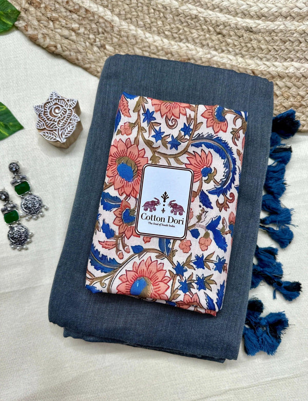 Pure cotton handloom grey saree with flower printed blouse - Cotton Dori