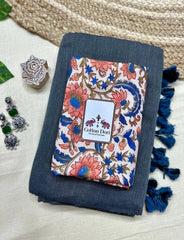 Pure cotton handloom grey saree with flower printed blouse - Cotton Dori