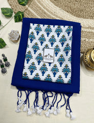 Premium Handloom Cotton Saree - Rich Royal Blue cotton saree with white printed blouse - Cotton Dori