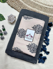 Dim grey cotton saree with cream printed blouse - Cotton Dori