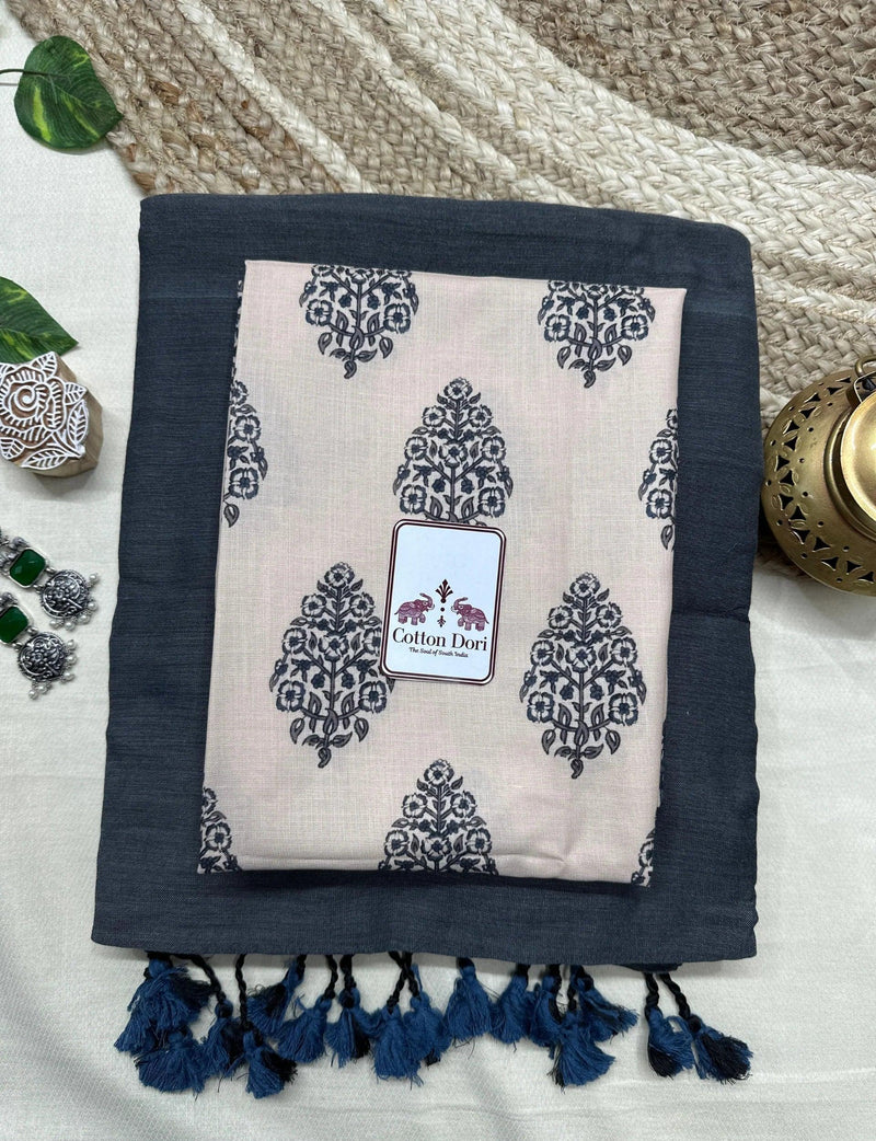 Dim grey cotton saree with cream printed blouse - Cotton Dori