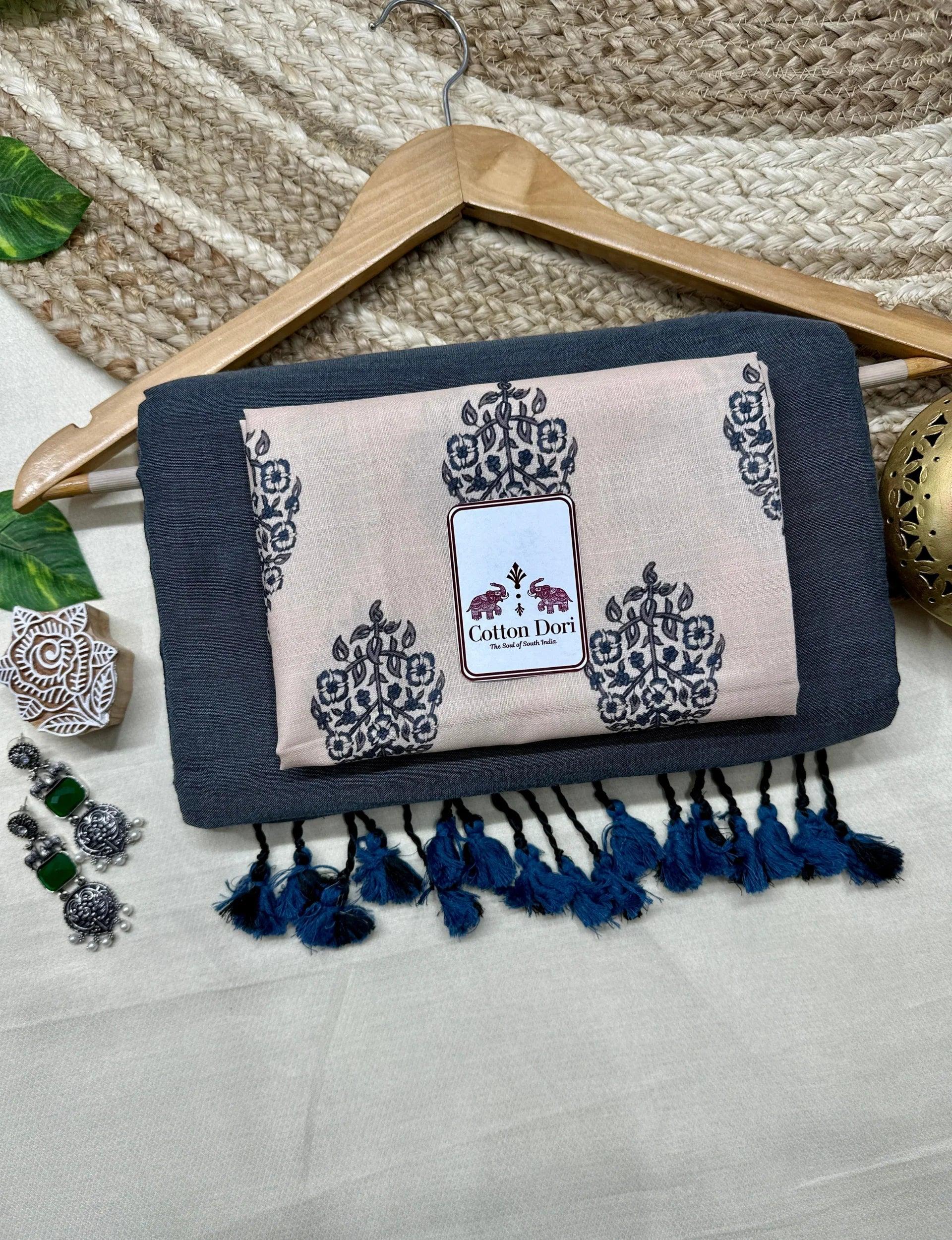 Dim grey cotton saree with cream printed blouse - Cotton Dori