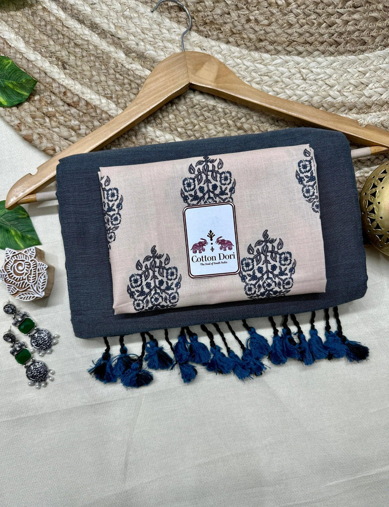 Dim grey cotton saree with cream printed blouse - Cotton Dori