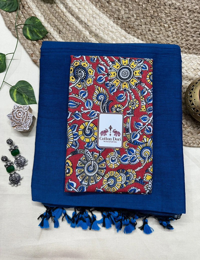 Navy blue cotton saree with beautiful floral printed blouse - Cotton Dori