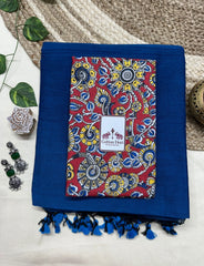 Navy blue cotton saree with beautiful floral printed blouse - Cotton Dori