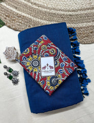 Navy blue cotton saree with beautiful floral printed blouse - Cotton Dori