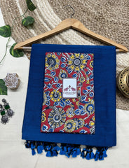 Navy blue cotton saree with beautiful floral printed blouse - Cotton Dori