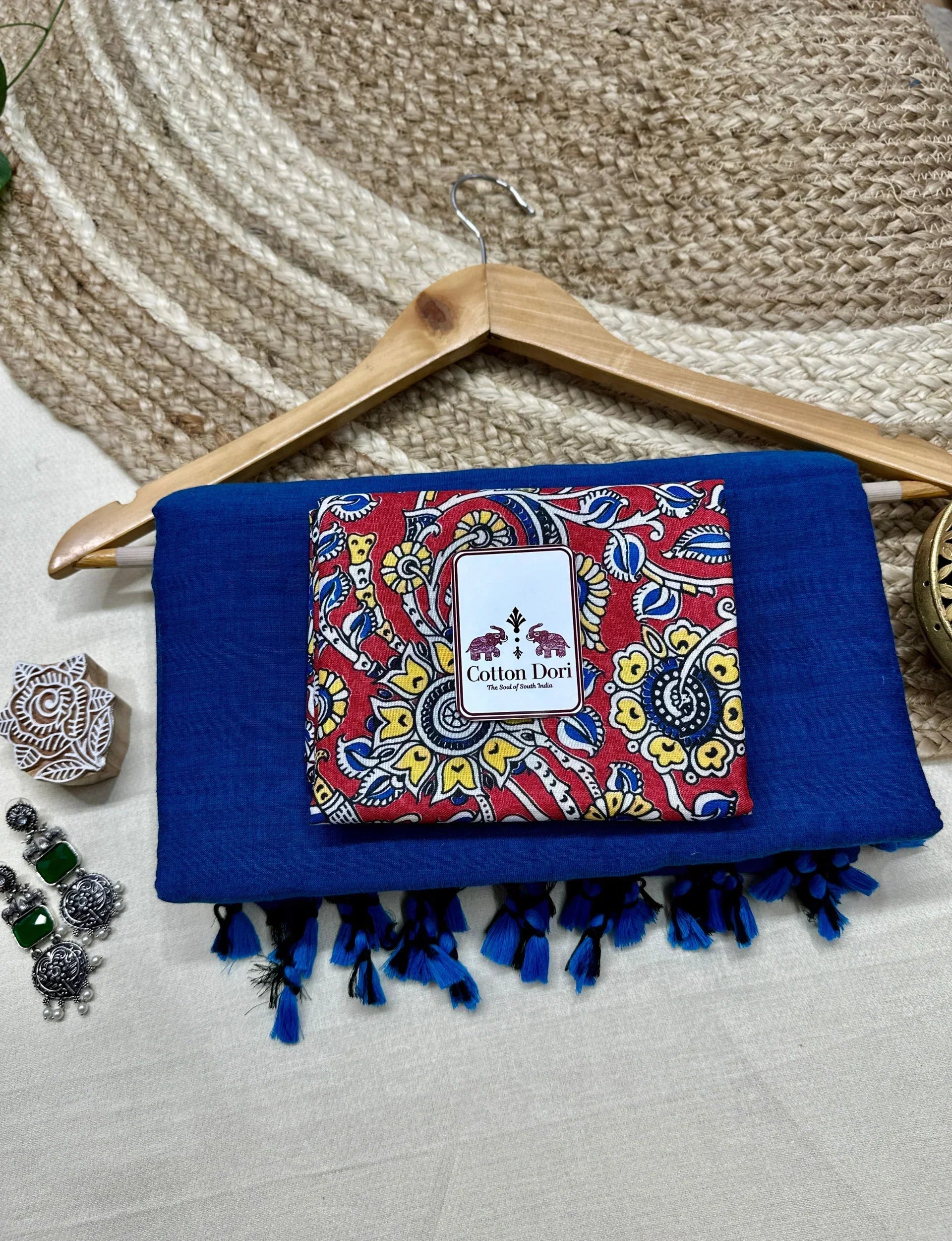 Navy blue cotton saree with beautiful floral printed blouse - Cotton Dori