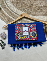 Navy blue cotton saree with beautiful floral printed blouse - Cotton Dori