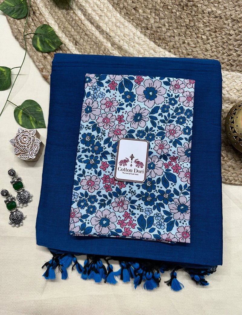 Midnight blue cotton saree with flower printed blouse - Cotton Dori