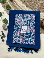 Midnight blue cotton saree with flower printed blouse - Cotton Dori
