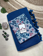 Midnight blue cotton saree with flower printed blouse - Cotton Dori