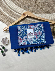 Midnight blue cotton saree with flower printed blouse - Cotton Dori