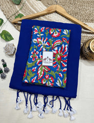 Premium Handloom Cotton Saree - Dark blue cotton handloom saree with stunning printed blouse - Cotton Dori
