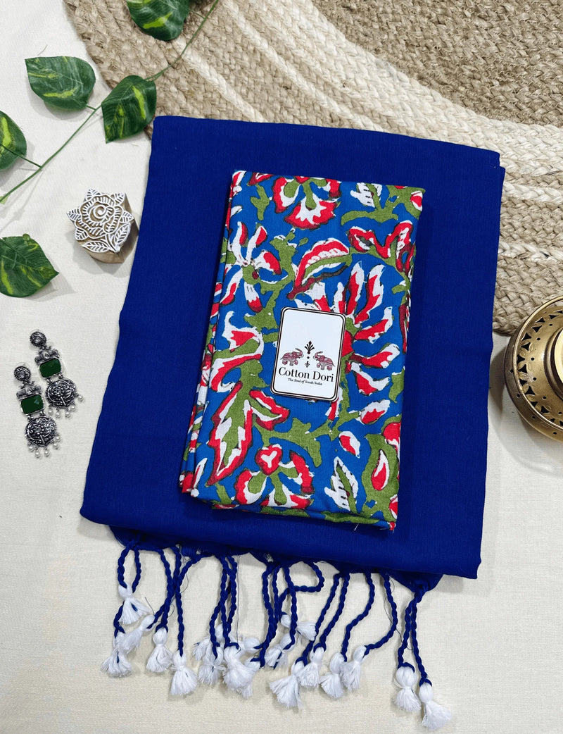 Premium Handloom Cotton Saree - Dark blue cotton handloom saree with stunning printed blouse