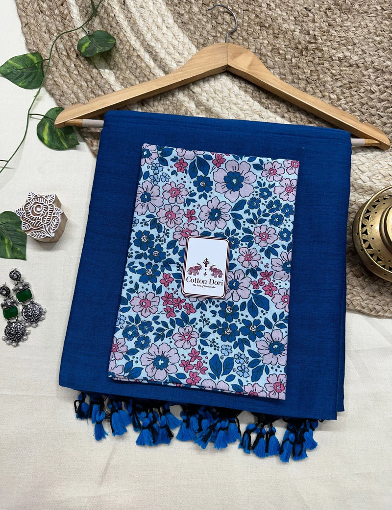 Midnight blue cotton saree with flower printed blouse - Cotton Dori