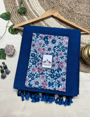 Midnight blue cotton saree with flower printed blouse - Cotton Dori