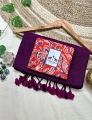 Wine cotton handloom saree with georgous printed blouse - Cotton Dori