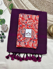 Wine cotton handloom saree with georgous printed blouse - Cotton Dori