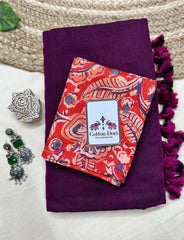 Wine cotton handloom saree with georgous printed blouse - Cotton Dori