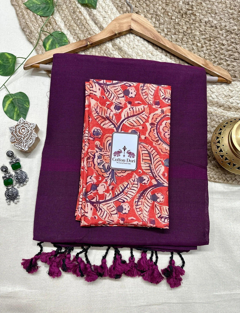 Wine cotton handloom saree with georgous printed blouse - Cotton Dori