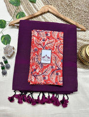 Wine cotton handloom saree with georgous printed blouse - Cotton Dori
