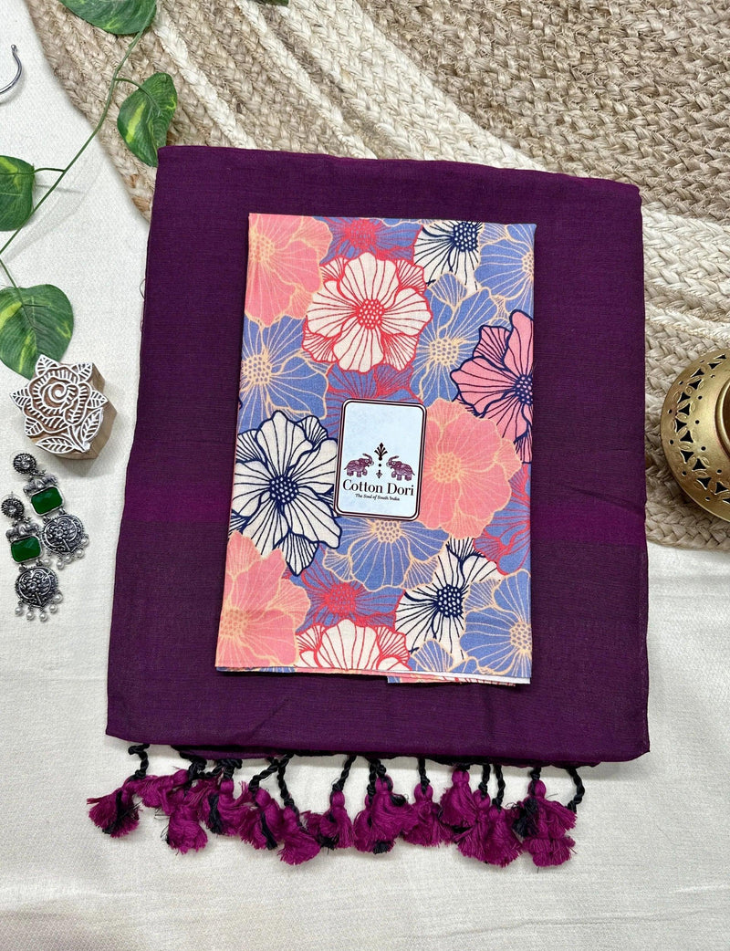 Grape wine saree with flower printed blouse - Cotton Dori