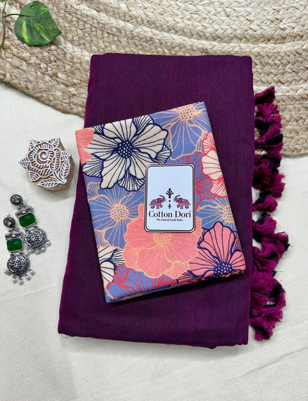 Grape wine saree with flower printed blouse - Cotton Dori