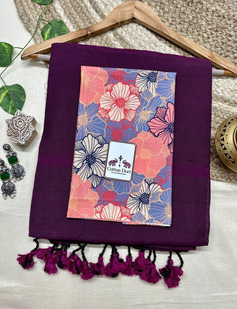 Grape wine saree with flower printed blouse - Cotton Dori
