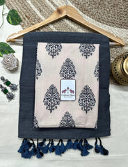 Dim grey cotton saree with cream printed blouse - Cotton Dori