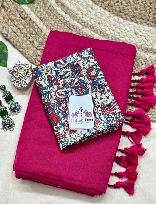 Magenta pink cotton saree with Kalamkari printed blouse - Cotton Dori