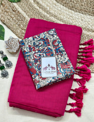 Magenta pink cotton saree with Kalamkari printed blouse - Cotton Dori