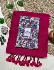 Magenta pink cotton saree with Kalamkari printed blouse - Cotton Dori